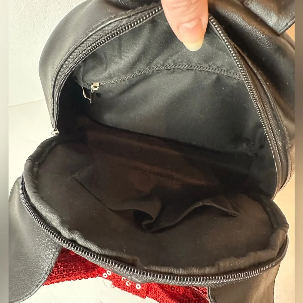 Disney Minnie Mouse Black Quilted Backpack  W/ Ear Accents & Red Sequined Bow